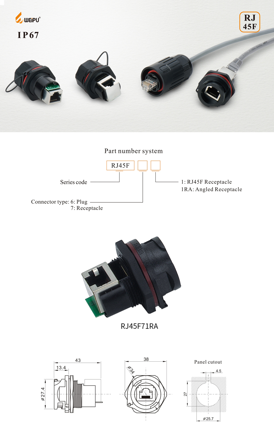 WEIPU RJ45F71RA Connettori Dati RJ45 Ethernet Femmina Pannello IP67