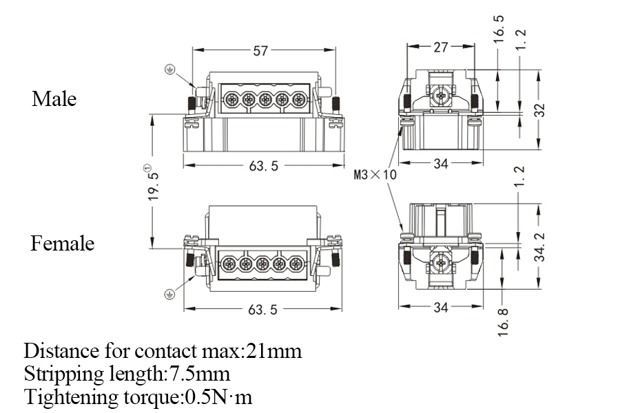 HE-010-M HA-010-F Male and Female 16A 500V 10+PE Screw Termination ...